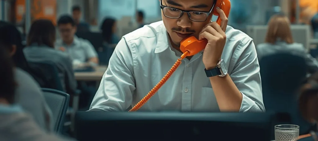 Employee using orange phone